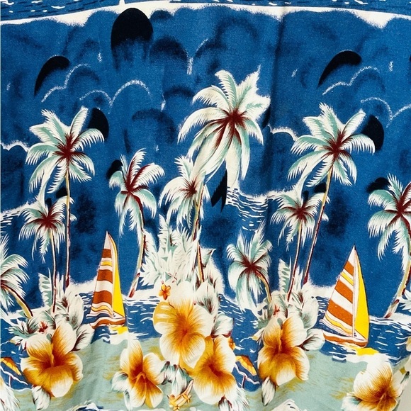 Vtg Men’s Hawaiian Shirt Orchids Sailboats Water Palm Trees Blue Multicolor Sz L - Picture 4 of 5